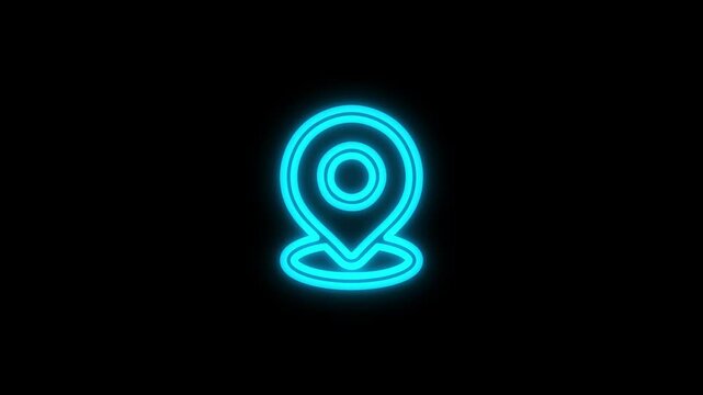 Glowing neon line location pin animated icon isolated on a black background. 4k video motion graphic animation.