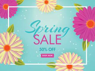 Spring sale poster or banner design decorated with daisy flowers on blue background.