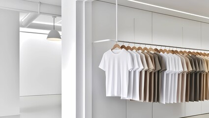  minimalist clothing store interior with rows of white and neutral-colored t-shirts hanging on wooden hangers, generative ai