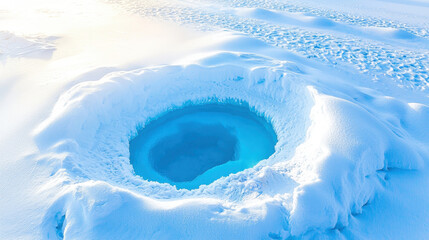 Aerial view of a vibrant blue meltwater pond surrounded by fresh, white snow in a winter landscape
