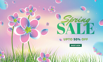 Beautiful jasmine flowers illustration on shiny nature landscape background for Spring sale poster design with discount offer.