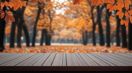 A perspective view from a wooden deck leading the eye into a lush autumn forest with bright orange leaves.