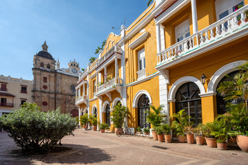 Fototapeta premium Church Iglesia de San Pedro Claver, colonial building in Cartagena de Indias, Colombia. Church is part of a set of religious buildings by Cloister of San Pedro Claver and archaeological museum.