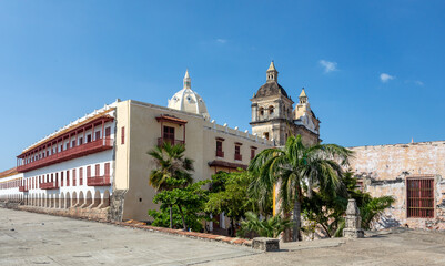 Beautiful building in historic city Cartagena de Indias with beautiful colonial architecture. The one of most beautiful town in Caribbean Coast Region, Colombia.