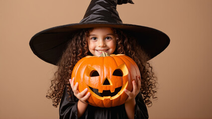Fototapeta premium Smiling child in a witch costume holding a jack-o-lantern pumpkin indoors