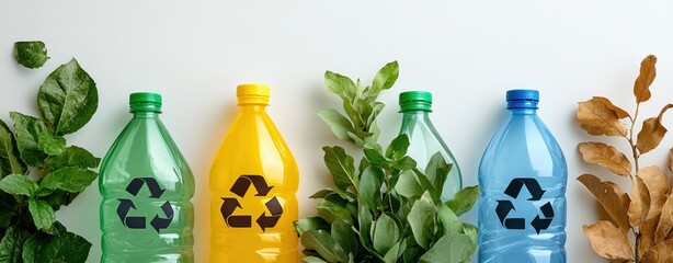 A row of colorful plastic bottles with recycling symbols, surrounded by green and dried leaves, representing recycling and sustainability.