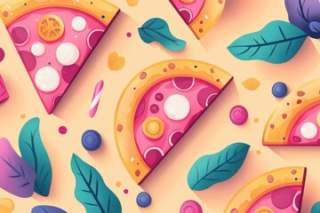Colorful pizza slices with toppings and leaves on a pastel background.