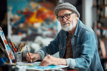 an elderly artist draws in a studio,