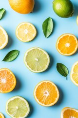 Top view of flying citrus fruits on a blue background