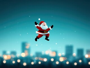Jolly Santa Claus jumps in the air, celebrating Christmas over a snowy city.