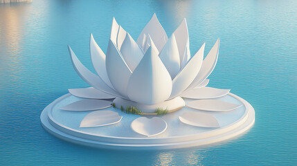 Fototapeta premium A podium for product presentation in the middle of a giant lotus, in a beautiful lake, background for e-commerce promotion