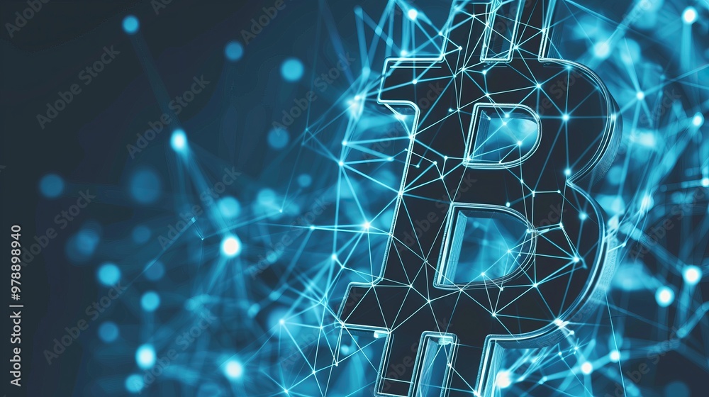 Poster advance high tech Bitcoin symbol against blue technology background with abstract connected network lines