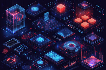 Digital Metropolis: A mesmerizing isometric cityscape of glowing circuitry, data blocks, and futuristic tech, illustrating the interconnected complexity of the digital age. 