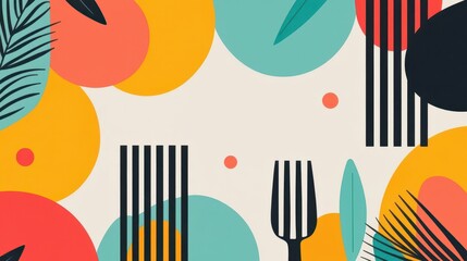 Spaghetti Day style wallpaper, Modern illustration of forks and leaves with bold geometric shapes and vibrant colors