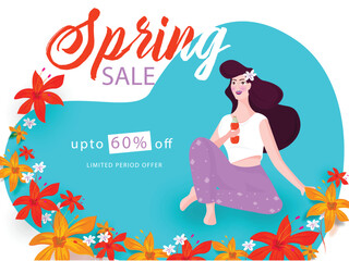 Advertising banner or poster design with beautiful young girl drinking juice and offer for Spring Sale.