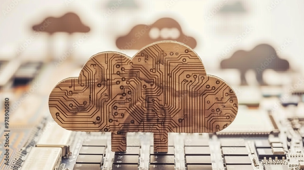 Leinwandbilder wooden cloud with circuit board design on computer motherboard representing cloud computing