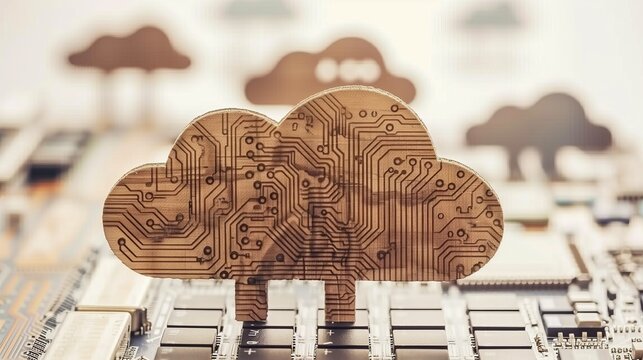 wooden cloud with circuit board design on computer motherboard representing cloud computing