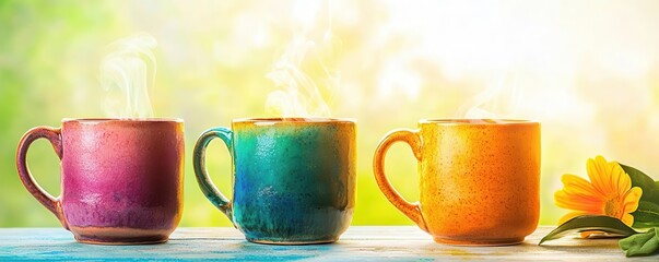 Handcrafted pottery mugs, steaming tea, soft sunlight, Watercolor style