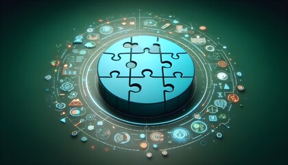 Creative digital round puzzle educational hologram on dark green background. Microlearning and gamification concept. 3D Rendering.