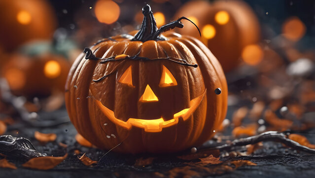 Close up of Halloween pumpkin, Halloween concept background, Halloween wallpaper, unique Halloween background, ai generated