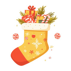 Colorful Christmas stocking filled with gifts, candy canes, and festive decor. Perfect holiday-themed illustration.