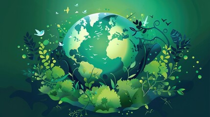 Illustration of a stylized paper cut globe with surrounding flora and fauna, representing ecological concepts and global harmony.