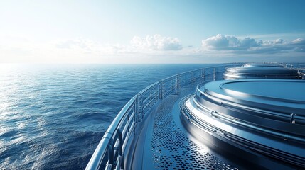 Stainless steel tank secured on a ship's deck, surrounded by deep blue ocean, futuristic, industrial, 3D render, high contrast, wide-angle shot