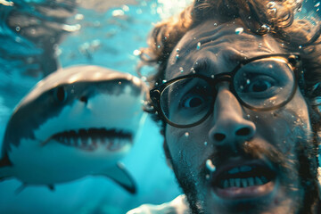 Scary underwater exploration, people swimming snorkeling diving with shark, Generative AI