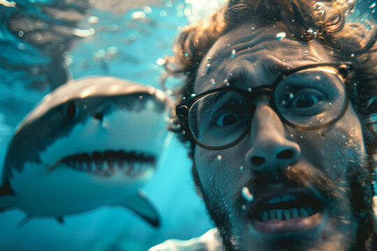 Scary underwater exploration, people swimming snorkeling diving with shark, Generative AI