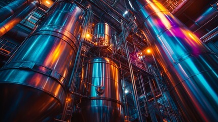 Obraz premium Stainless steel tank with colorful pipes, industrial setting, steampunk style, metallic textures, soft glow lighting