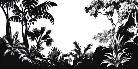 A black and white silhouette of tropical plants and trees against a blank background.