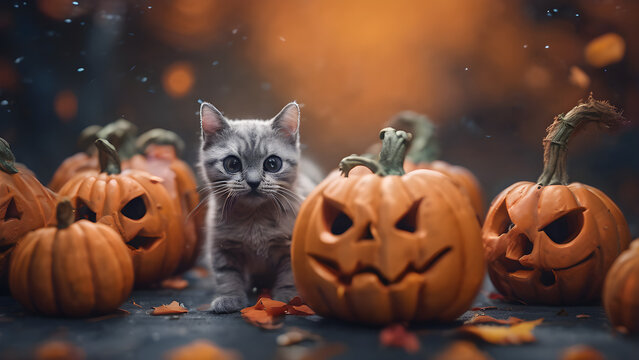 Close up of Halloween pumpkin and adorable kitten, Halloween concept background, Halloween wallpaper, unique Halloween background, ai generated