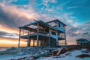 Obraz premium the process of building a house on the shore of a lake, sea, or ocean