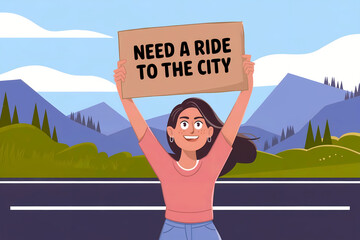 Happy woman hitchhiking with sign for city ride against mountain landscape