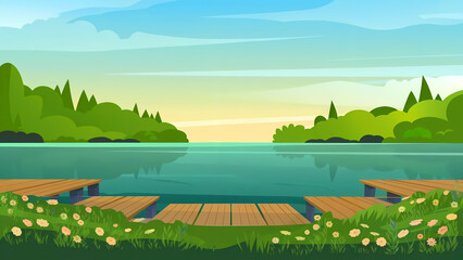 Obraz premium Serene lakeside view with wooden docks and lush greenery at sunrise