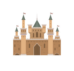 Obraz premium Majestic castle with towers and flags stands proudly. Ideal for themes of adventure, fairy tales, history, fantasy, and medieval times. Flat design with earthy tones and green roofs