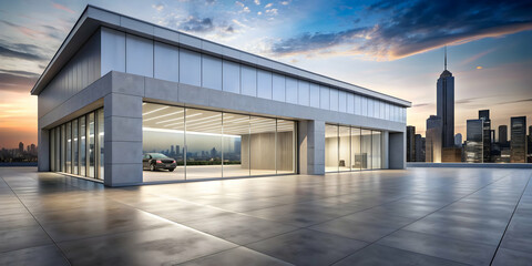 Modern showroom exterior with a concrete floor and urban city backdrop, perfect for displaying automotive vehicles, showroom