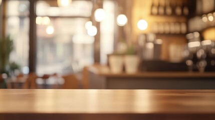 A blurred caf? interior with wooden counter and warm lighting, suggesting a cozy atmosphere.