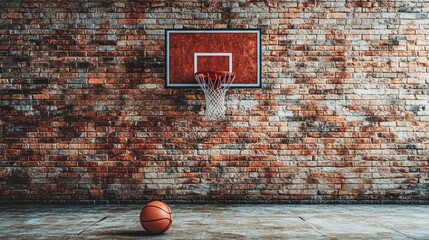 Basketball hoop on brick wall with ball
