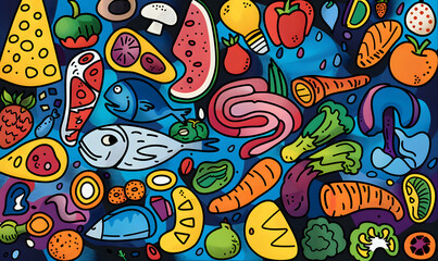 Fototapeta premium fruits and vegetable herbal concept for background or 2d illustrator cartoon.