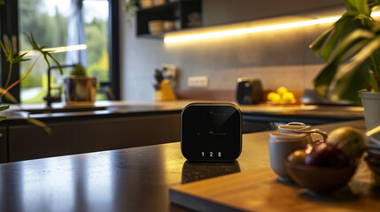 A medium close-up of a smart home hub on a kitchen counter, controlling lighting, temperature, and security with touch controls.