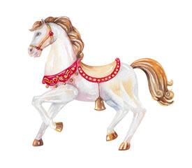 Toy horse with a bright harness hand drawn watercolor illustration isolated on white background