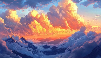 A mountain range peaks above a vast sea of clouds, bathed in the golden glow of a spectacular sunset.