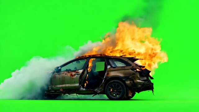 Chroma-key burning car wreck on green screen 3d animation