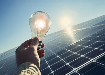 Hand holding a clear light bulb in the foreground, with a large solar panel roof in the background under a bright sky. Landscape format