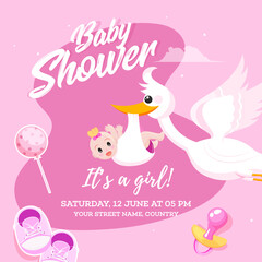 Baby Girl Shower celebration invitation card design with Stork lifting baby and event details on pink background.