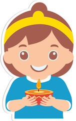 Sticker Style Cute Indian Girl Character Holding Illuminated Oil Lamp (Diwali Diya) on Grey Background.