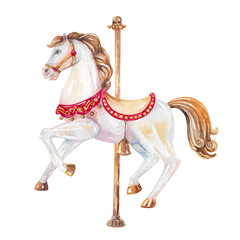 Toy horse with a bright harness hand drawn watercolor illustration isolated on white background