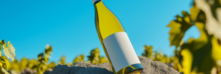 White wine mock-up. A bottle of white wine on a rock in a vineyard with an empty label