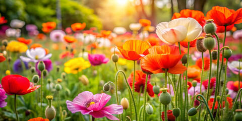 Obraz premium Vibrant poppies blooming in a colorful garden, poppies, garden, flowers, vibrant, blooming, red, petals, nature, wild, meadow